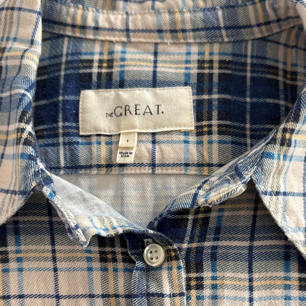 THE GREAT. Blue and Cream Plaid Shirt. Soft light brushed cotton.